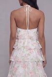 Tiered Halter Floral Pink Maxi Wedding Guest Dress