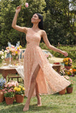 One Shoulder Cut Out Floral Light Orange Wedding Guest Dress