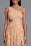 One Shoulder Cut Out Floral Light Orange Wedding Guest Dress