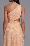 One Shoulder Cut Out Floral Light Orange Wedding Guest Dress
