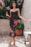 Black Floral Mermaid Midi Wedding Guest Dress