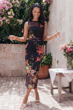 Bateau Neck Black Floral Ruched Midi Wedding Guest Dress