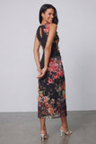 Bateau Neck Black Floral Ruched Midi Wedding Guest Dress
