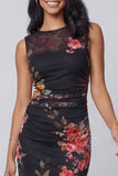 Bateau Neck Black Floral Ruched Midi Wedding Guest Dress