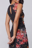 Bateau Neck Black Floral Ruched Midi Wedding Guest Dress