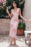 Pink Floral Mermaid Midi Wedding Guest Dress