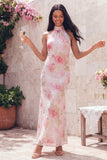 Halter Pink Floral Mermaid Maxi Wedding Guest Dress