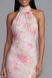 Halter Pink Floral Mermaid Maxi Wedding Guest Dress