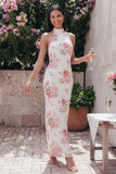 Halter Pink Floral Mermaid Maxi Wedding Guest Dress