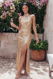 Sparkly Halter Gold Wedding Guest Dress