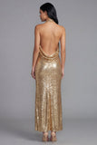 Sparkly Halter Gold Wedding Guest Dress