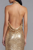 Sparkly Halter Gold Wedding Guest Dress