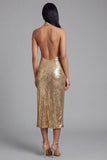 Sparkly Gold Halter Backless Wedding Guest Dress