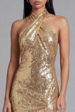 Sparkly Gold Halter Backless Wedding Guest Dress