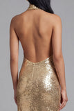Sparkly Gold Halter Backless Wedding Guest Dress