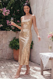 Sparkly Gold A Line Midi Wedding Guest Dress