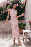 Pink Halter Floral Backless A Line Wedding Guest Dress