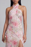 Pink Halter Floral Backless A Line Wedding Guest Dress