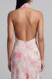 Pink Halter Floral Backless A Line Wedding Guest Dress