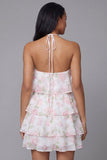 Halter Pink Tiered Floral Mini Wedding Guest Dress