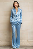 Peaked Lapel 2 Piece Satin Blue Women Suits