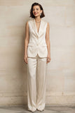 Ivory Peaked Lapel Satin 2 Piece Sleeveless Women Suits