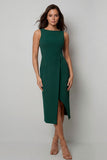 Dark Green Bateau Neck Midi Work Dress with Slit