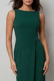 Dark Green Bateau Neck Midi Work Dress with Slit