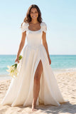 Ivory Scoop Neck Corset A Line Satin Wedding Dress