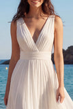 Ivory A Line Pleated V Neck Wedding Dress