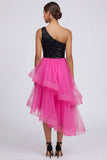 Sparkly Tiered One Shoulder Fuchsia and Black Formal Dress