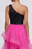 Sparkly Tiered One Shoulder Fuchsia and Black Formal Dress