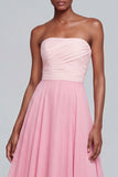 Strapless A Line Pink Ruched Maxi Formal Dress