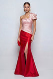 One Shoulder Mermaid Ruched Pink and Red Formal Dress