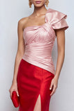 One Shoulder Mermaid Ruched Pink and Red Formal Dress