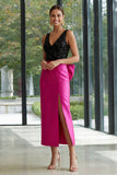 Sequin Bowed Fuchsia and Black Midi Formal Dress