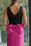 Sequin Bowed Fuchsia and Black Midi Formal Dress