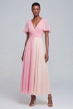 A Line Pink V Neck Maxi Formal Dress