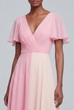 A Line Pink V Neck Maxi Formal Dress