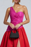 One Shoulder A Line Ruched Fuchsia and Red Formal Dress
