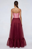 Strapless A Line Pink and Burgundy Ruffled Corset Formal Dress