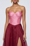 Strapless A Line Pink and Burgundy Ruffled Corset Formal Dress