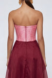 Strapless A Line Pink and Burgundy Ruffled Corset Formal Dress