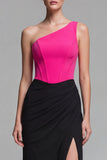 One Shoulder Corset Fuchsia and Black Maxi Formal Dress