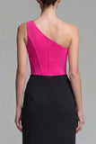 One Shoulder Corset Fuchsia and Black Maxi Formal Dress
