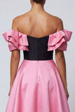 Off the Shoulder Ruffled A Line Satin Black and Pink Formal Dress