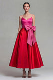 A Line Satin Fuchsia and Red Formal Dress with Bow