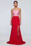Mermaid Strapless Ruched Pink and Red Formal Dress