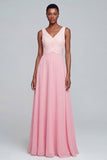 A Line V Neck Ruched Pink Maxi Formal Dress
