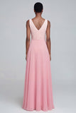 A Line V Neck Ruched Pink Maxi Formal Dress